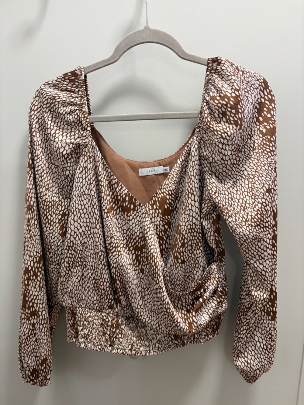 Lush Brown and White Printed Wrap-Front Blouse